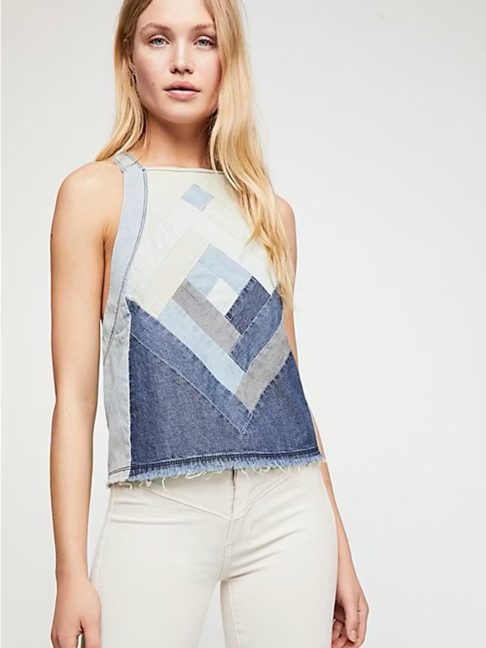 New Patchwork Denim Halter Tank Top - Blue